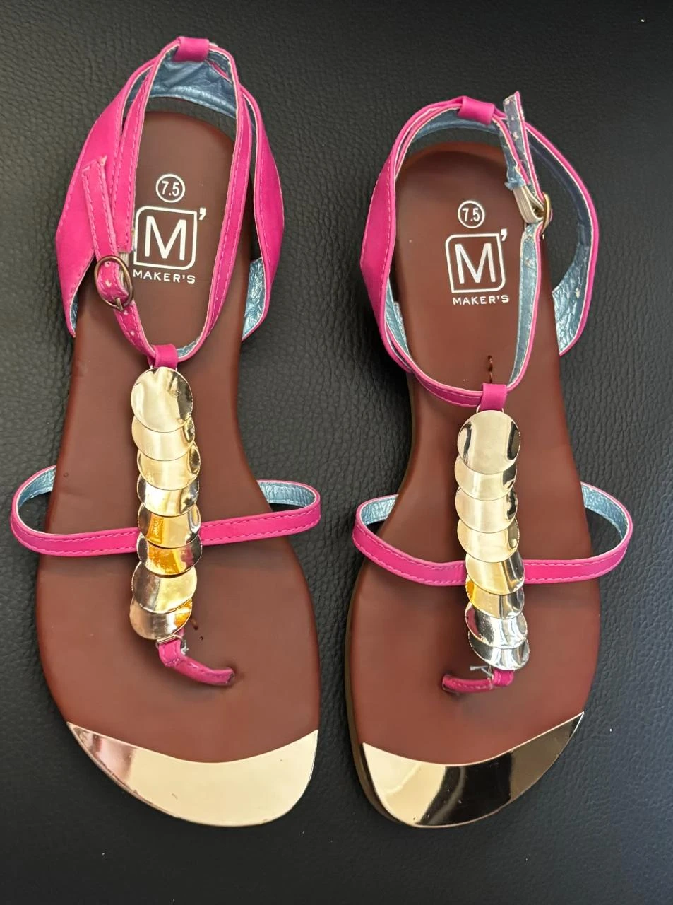 🌸 Sandalias planas con joyas Maker's rosas fuchsia y detalles dorados - Talla 7,5 /41 – photo 2